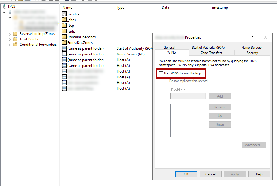 Domain Controller > DNS Manager > zone properties > WINS